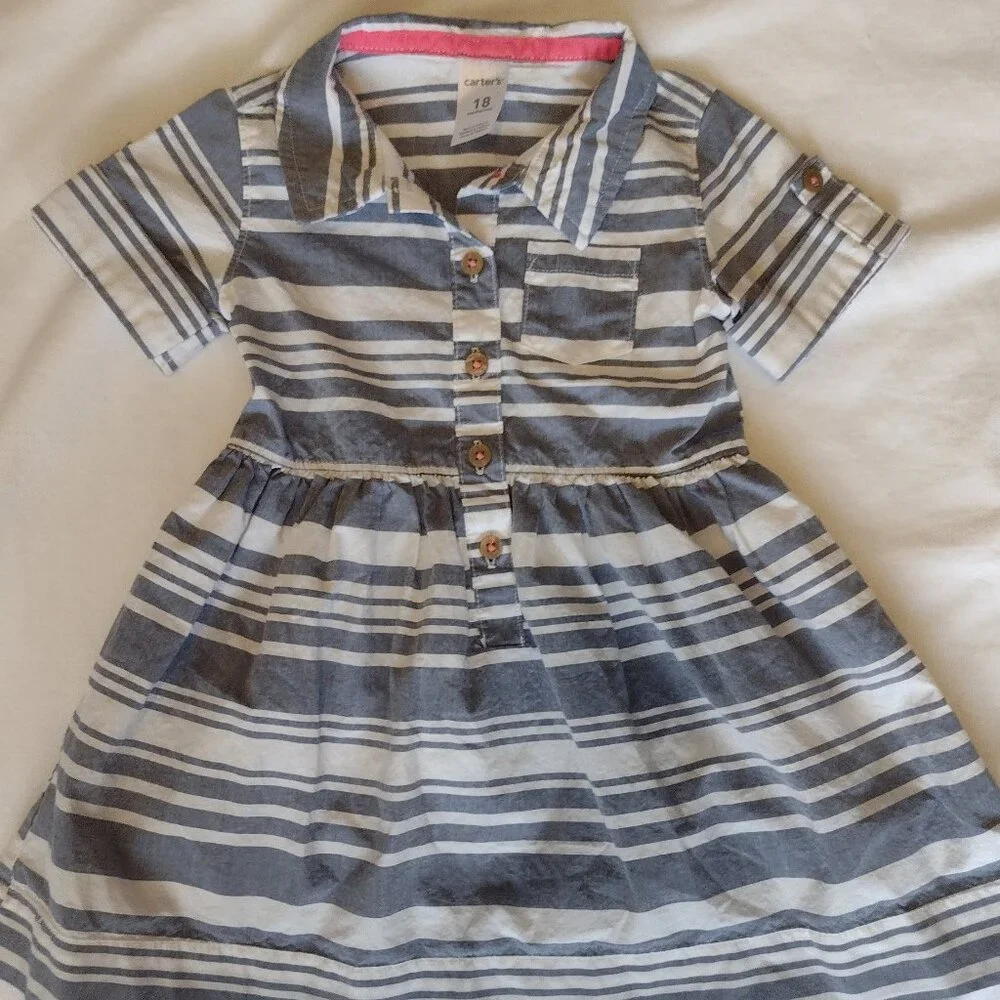 Carter's Toddlers Girls Blue White Striped Dress 18 Months, 100% Cotton